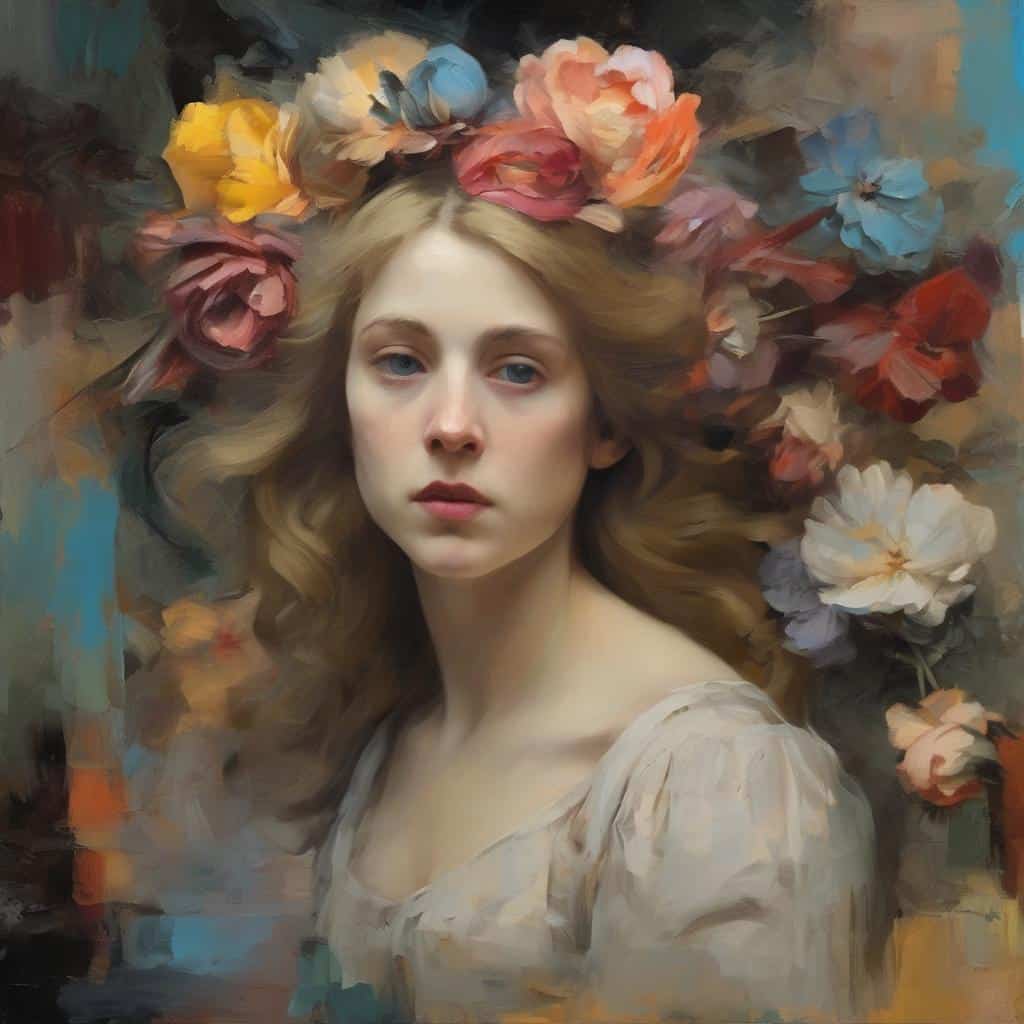 Κορίτσι με καστανά μαλλιά και λουλούδια, πολιτιστικοί και καλλιτεχνικοί σχολιασμοί για την πολιτική, σύγχρονη τέχνη και κοινωνική έκφραση, αριστουργηματική εικόνα, πολιτική και καλλιτεχνική ανάλυση, SEO προώθηση, εικόνα που αναδεικνύει την πολιτική μέσω τέχνης, μοντέρνος πίνακας, ευαισθησία και πολιτική κοινωνική παρέμβαση.