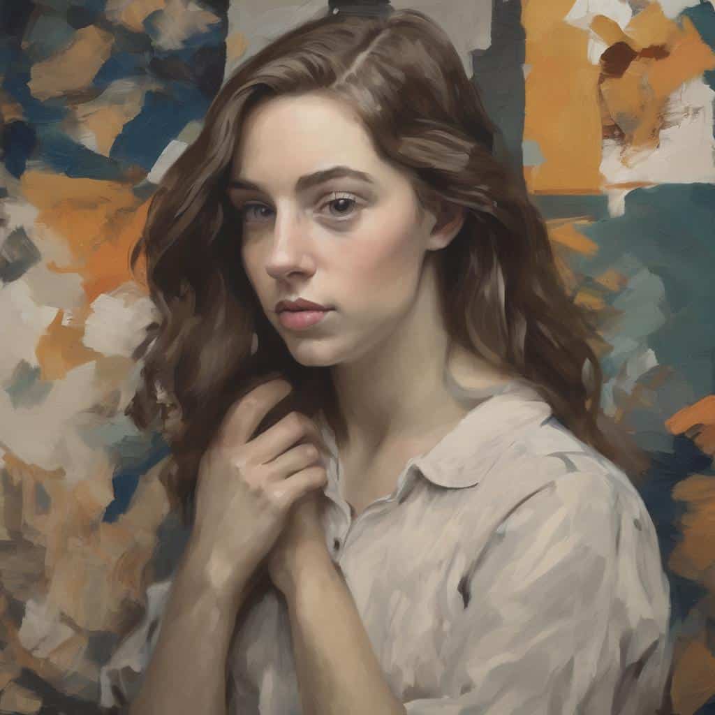 Φωτογραφία ελκυστικής νεαρής γυναίκας με καστανά μακριά μαλλιά, σε καλλιτεχνικό στυλ, με ζωγραφικό φόντο σε θερμές αποχρώσεις, που εκφράζει σκέψεις και συναισθήματα.