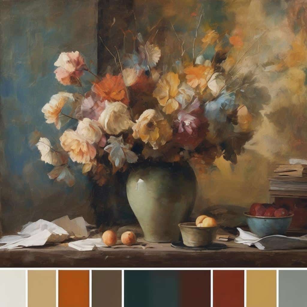 ζωντανό έργο τέχνης με ανθισμένο βάζο και φρούτα, ζωγραφισμένο με ακουαρέλα, αναφορά σε καλλιτέχνες που σχολίασαν την πολιτική, εικαστικές δημιουργίες και πολιτική τέχνη, σύγχρονη τέχνη, ποιοτική ζωγραφική, καλλιτεχνική έκφραση, πολιτιστικές αναλύσεις, σύγχρονοι καλλιτέχνες, πολιτικό σχόλιο μέσω τέχνης.