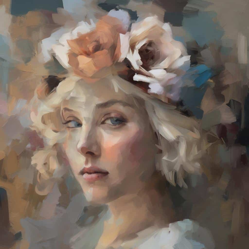 Γυναικεία πορτρέτο με λουλούδια και σοφιστικέ έκφραση, σύγχρονη τέχνη με έμφαση στην πολιτική και κοινωνικά σχόλια.