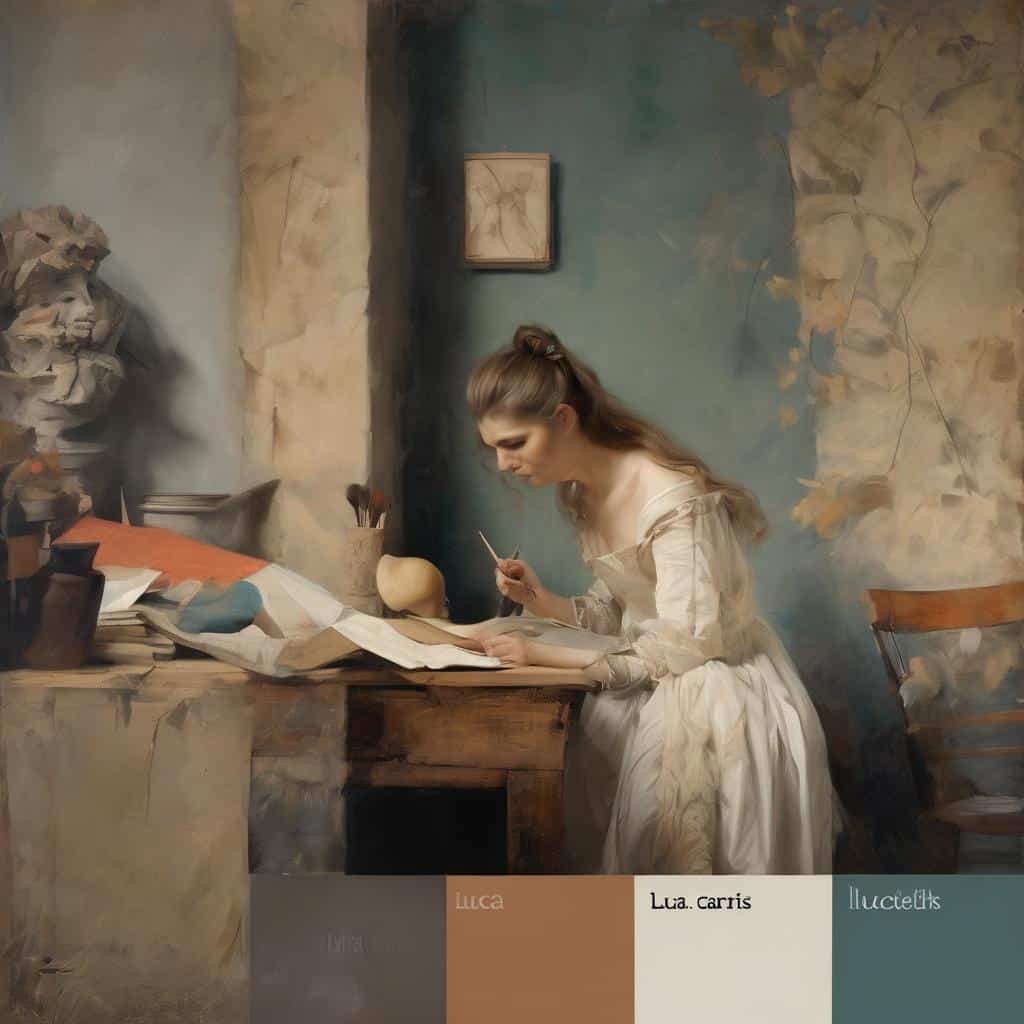 Γυναίκα ζωγράφος σε παλαιοτέρα εσωτερικό με τέμπερες, παλιά βιβλία και καλλιτεχνικό περιβάλλον, αναδεικνύοντας την τέχνη και την πολιτική σχολιασμό από καλλιτέχνες.